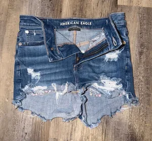 American Eagle Women’s Super High Rise Shortie Denim Floral Pocket Shorts-Sz 2 thumbnail 1