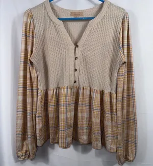 Violets Are Blue Plaid Waffle Knit Babydoll Top M thumbnail 1