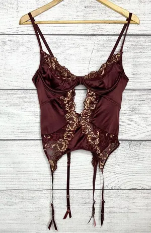 Frederick’s of Hollywood Burgundy Satin & Gold Lace Bustier w/ Garter Straps thumbnail 1