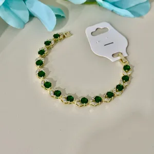 14K Gold Plated Womens Bracelet Icy Green &‎ Clear C. Zirconia Oro Laminado 7'' thumbnail 2