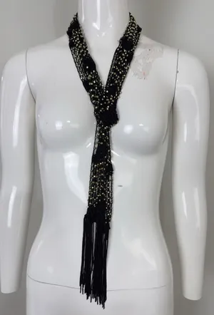 Women’s Black Crocheted Gold Bead Fringe Necklace Scarf Belt 72x2 thumbnail 1