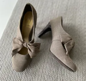Vintage Ann Marino Brown White Herringbone Bow Tie High Heel Pumps Size 8.5 thumbnail 1