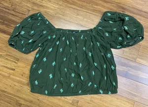 Express Cactus Print Top Womens Size Medium Green Puff‎ Sleeve Square Neck Top thumbnail 1
