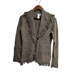 Susan Bristol Womens Medium Brown Wool Blend Fringe Trim Toggle Cardigan Sweater thumbnail 2