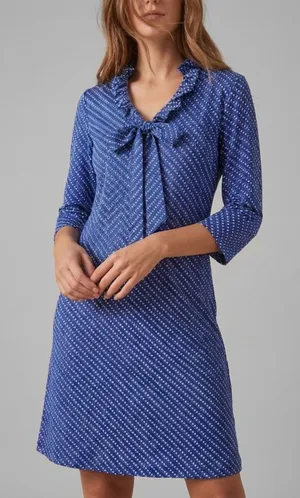J. McLaughlin Catalina Jaclyn Dress M 3/4 Sleeve Ruffle Neck Tie Blue Stretch thumbnail 1