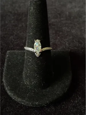 Marquise Clear Stone Ring with Textured Chevron Milgrain Band - Silvertone Sz 8 thumbnail 2