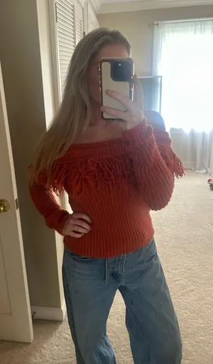 Tularosa Burnt Orange Off The Shoulder Fringe Sweater thumbnail 1