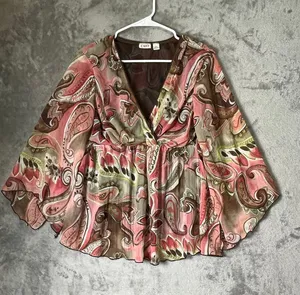 Vintage Y2K Pink Brown Paisley Bell Sleeve Babydoll Blouse Boho Fairy Grunge L thumbnail 1