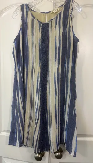 Sleeveless Striped Mini Dress in Blue and Cream thumbnail 1