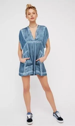 Free People Blue Satin Feel Chambray MINI Dress Size Small thumbnail 2