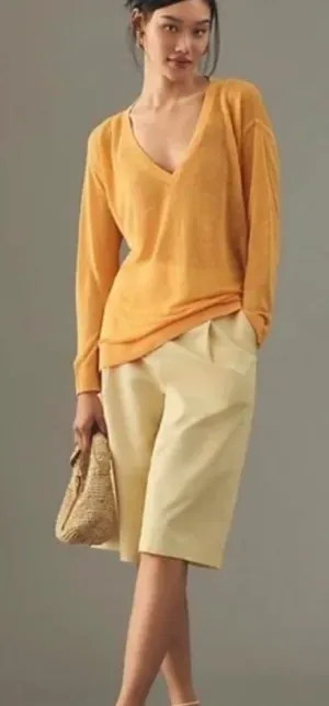 Maeve by Anthropologie Orange Oversized Linen V-Neck Sweater - Size - Medium thumbnail 1