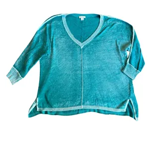 Sundance Teal Mint Trim V Neck Cotton Sweater Sleeve Oversized Medium Women's thumbnail 1