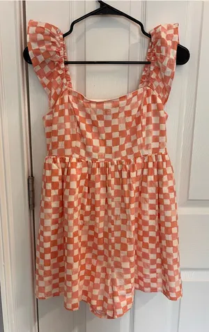 American Eagle Outfitters Coral and White Checkered Ruffle-Strap Romper thumbnail 1