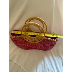 Free People Sophia Straw Tote Red Woven Bamboo Ring Handles Boho Purse Bag EUC thumbnail 5
