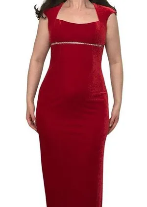 Vintage 90s Sz 4 Red Velvet Rhinestone Empire Waist Cap Sleeve Maxi Dress Gown thumbnail 1