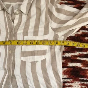 Neiman Marcus Cream Tan White Striped Button Up Down Shirt Mini Summer Dress Front Pockets-Size 8 #Minimalist #Designer #Luxury #Chic Measurement in pics thumbnail 6