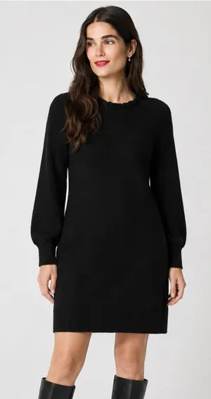 J.Crew Ruffle Neck Sweater Dress Womens Large Soft Knit Long Sleeve CP557 Black thumbnail 1