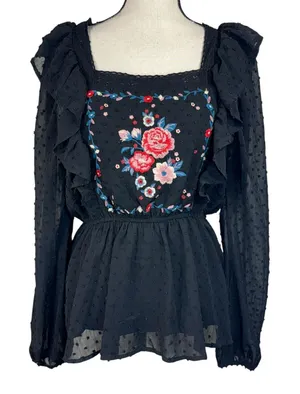 Savanna Jane Large Peplum Top Floral Embroidered Swiss Dot Lined Ruffled Crochet thumbnail 1
