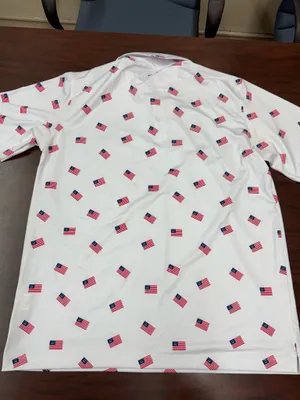Bald Head Blue White American Flag with Golf Cart Mens White Albatross Polo- Med thumbnail 4