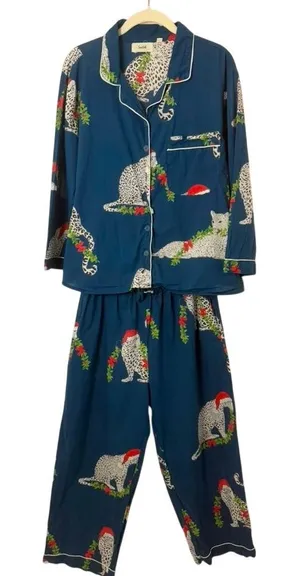 SAATVIK Navy w/White Leopard Pajamas Set Christmas Garland Santa Hat Womens M thumbnail 1