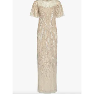 Adrianna Papell Beaded Flutter Sleeve Gown Long Biscotti Beige Formal US 4 NWT thumbnail 4