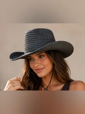 Black Straw Cowboy Hat with Chin Cord - Women thumbnail 3