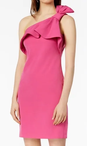 Vince Camuto One Shoulder Bow Pink Sheath Dress Size 6 Cocktail Wedding Evening thumbnail 1
