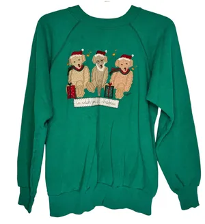 Valerie Sockwell Folk‎ Art Christmas Green Shirt Womens Large Bears 90s Vintage thumbnail 1