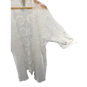 XCVI White Floral Lace Mesh Open Front Kimono Cardigan Embroidered Boho Coastal‎ thumbnail 2