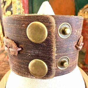 Distressed Brown Leather Cuff Bracelet Rustic Wide Snap thumbnail 3
