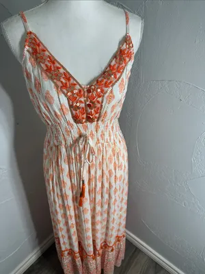 Me 2 Magic Boho Maxi Dress Orange White Embroidered V-Neck Fringe. thumbnail 5