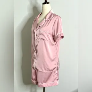 Pink Satin Pajama Set by Kennedy Blue, Button Front Shirt and Shorts size Medium thumbnail 7