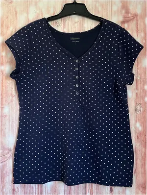 Relativity Navy Blue V Neck Silver Polka Dot Henley T Shirt Size L thumbnail 1