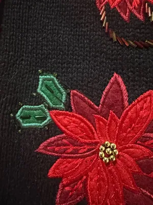 Vtg Women Ugly Christmas Sweater Vest Zip Up Poinsettia Embroidered Beaded 4/6 thumbnail 4