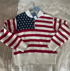 Universal Thread Women's Red, White & Navy Zip-Up Flag Stripe Sweater thumbnail 1