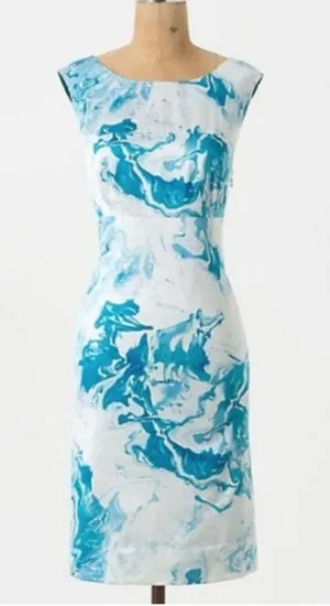 MAEVE | Marbled Waters Blue and White Silk Cotton Blend Shift Dress | 2 thumbnail 1