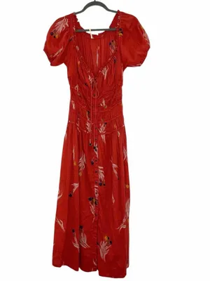 Free People Coral Red Floral Midi Dress NWT thumbnail 7