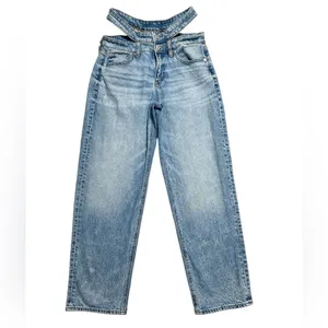 American Eagle Strigid Super Hi rise Baggy Straight Jeans 4 short cut out double waist thumbnail 2