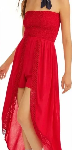 NWOT No Boundaries Red Strapless Crochet-Trim One-Piece Romper Dress thumbnail 1