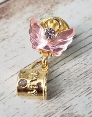 Pin / Brooch Gold Tone Angel with Pink Wings Carrying "Baby" Carrier thumbnail 1