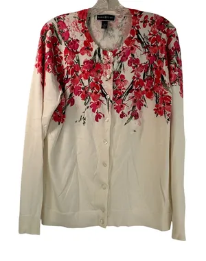 Karen Scott Floral Button Front Cardigan Sweater White Red Pink XL thumbnail 1
