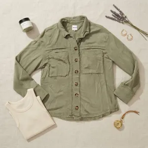 Kensie Jeans Womens Olive Green Utility Button Down Shirt Raw Edge Shacket M thumbnail 1
