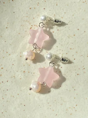 Handmade light pink star & glass beads cute fairy cottage style dangle earrings💐💓 thumbnail 5
