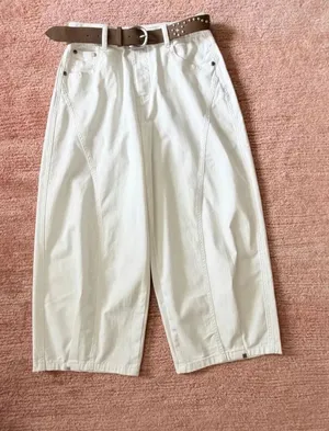White Barrel Leg Cropped Pants High Rise Original Design Cotton Stretch Belt M N thumbnail 1