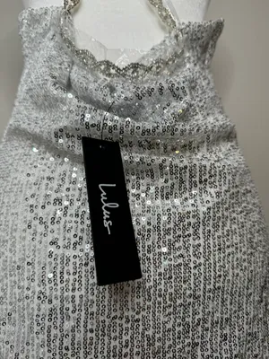 Silver Sequin Cowl Neck Mini Dress Sz M thumbnail 6