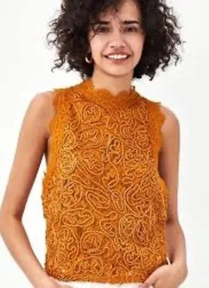 Zara Trafaluc Mustard Yellow Lace Mock Neck Sleeveless Crop Top S/S18 Full Zip thumbnail 1
