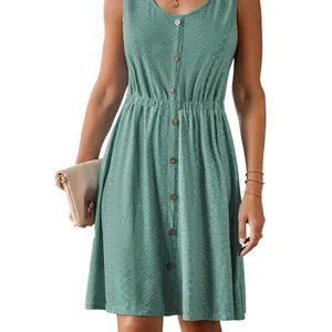 Women's Sleeveless Button Midi Dress Textured Eyelet Elastic Waist scoop Neck thumbnail 3