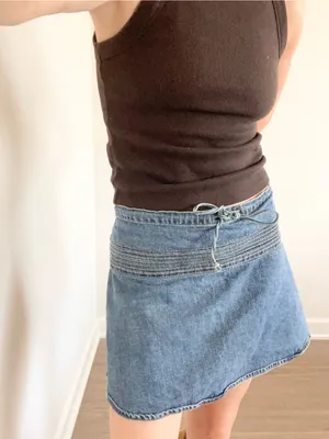 Vintage Old Navy Blue Cotton Denim Mini Skirt with Drawstring Waist thumbnail 5