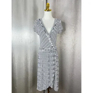 Maeve Anthropologie Womens Black White Striped Faux Wrap Midi Dress Medium A35 thumbnail 4