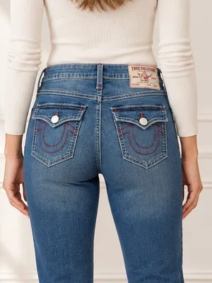 True Religion Becca Jeans Sz 31 Mid Rise Bootcut Flap Pocket Dark Wash Stretch thumbnail 8